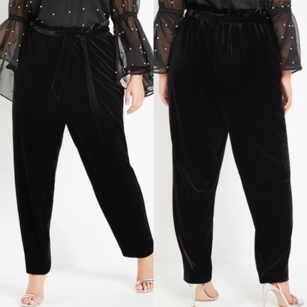 NWT Eloquii Velvet High Waisted Paperbag Pull On Tie Waist Pants In Black